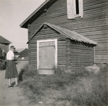 Kemin mlk., Lautiosaari. Tieksolan navettarakennuksen p��ss� oleva kellari. Kuva: Eino Nikkil� 1947, Museovirasto